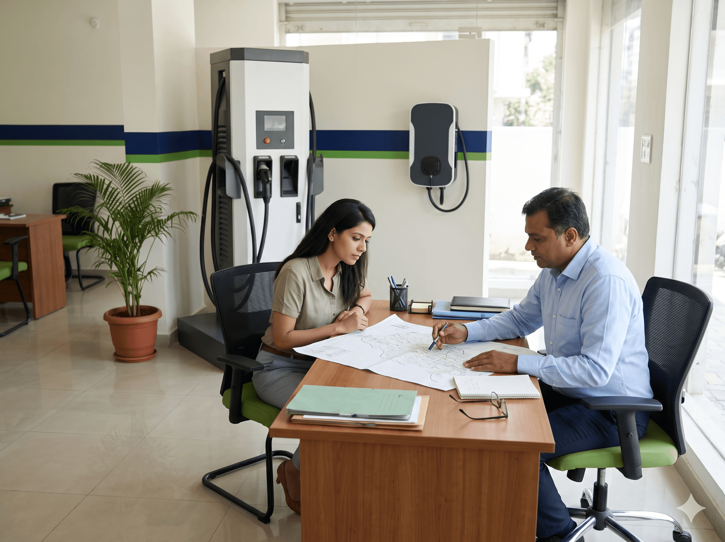 Business partners discussing a district plan in an EV charger showroom